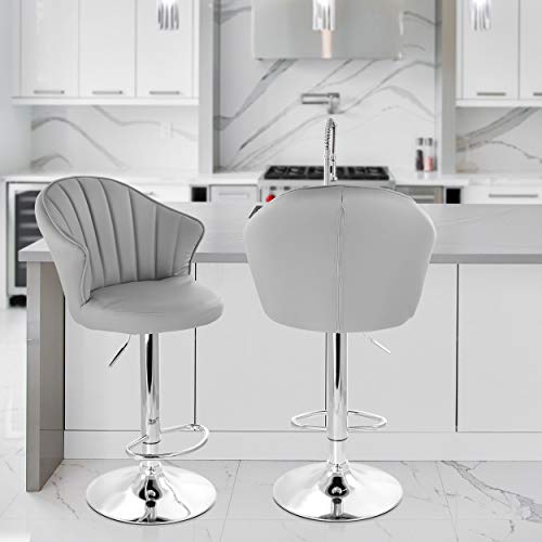 Elama Modern Shell Back Faux Leather Adjustable Bar Stool Set of 2 – Gray with Chrome Swivel Base
