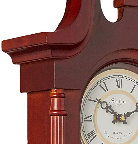 Bedford Clock Collection 26.5" Colonial Chiming Wall Clock – Mahogany Cherry Oak Finish, Quartz Movement with Swinging Pendulum & Roman Numeral Dial