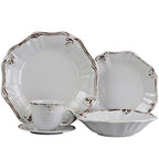 Elama Fleur De Lys 20-Piece Stoneware Dinnerware Set – White Distressed Glazed Service for 4