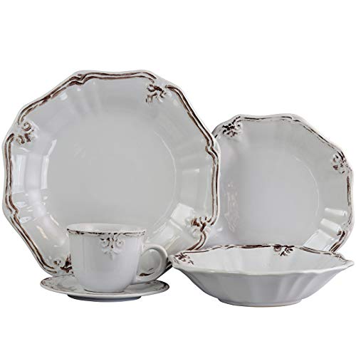Elama Fleur De Lys 20-Piece Stoneware Dinnerware Set – White Distressed Glazed Service for 4