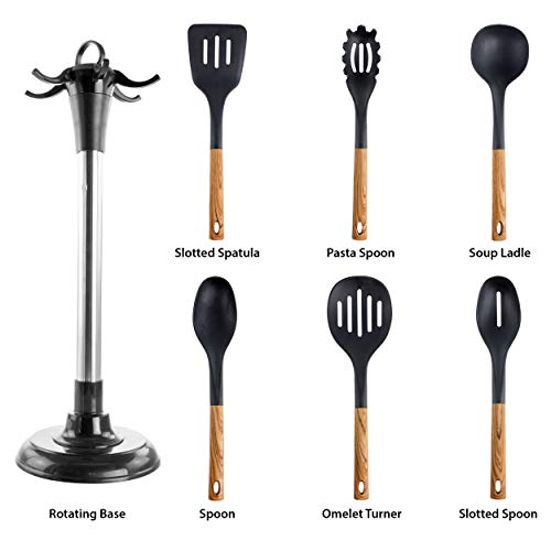 7 piece nylon utensil set labeled: rotating base, slotted spatula, pasta spoon, soup ladle, spoon, turner, slotted spoon