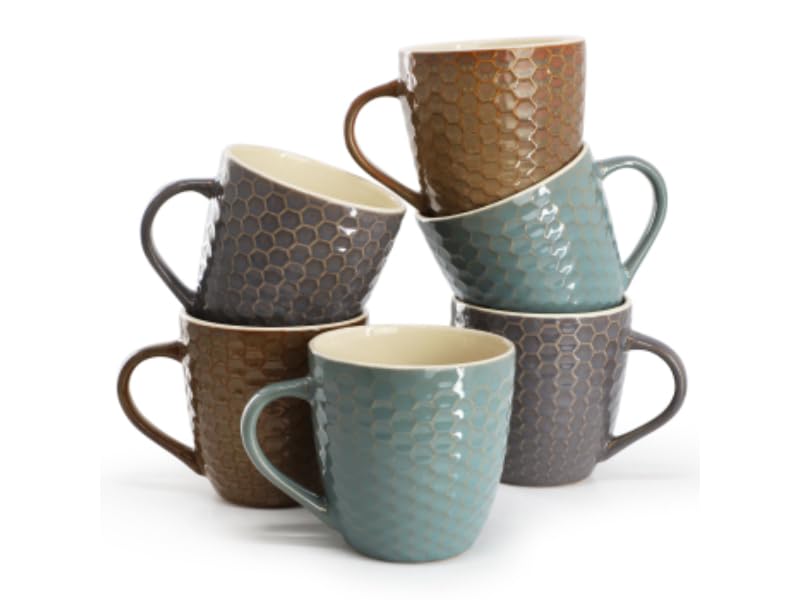 Elama Honeysuckle stoneware coffee mug set of 6, 15 oz, honeycomb texture, glossy teal, brown and gray earth tones