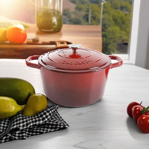 Crock-Pot Artisan 7-Quart Round Enameled Cast Iron Dutch Oven with Lid – Scarlet Red Heavy-Duty Cookware