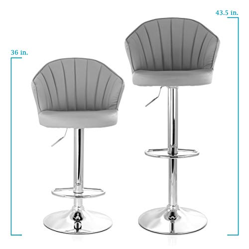 Elama Modern Shell Back Faux Leather Adjustable Bar Stool Set of 2 – Gray with Chrome Swivel Base