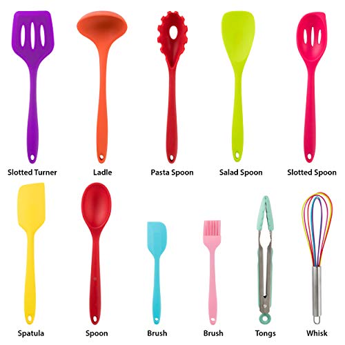 MegaChef 12-Piece Silicone and Wood Kitchen Utensil Set with Storage Canister, Multicolor
