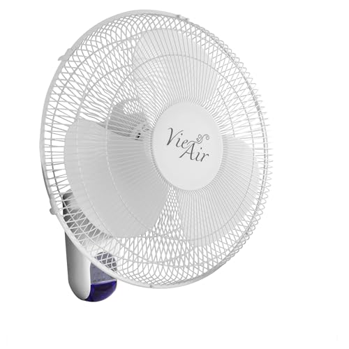 Vie Air VA-16W 16 Inch Plastic Wall Fan with Remote Control, White, 3-Speed Oscillating