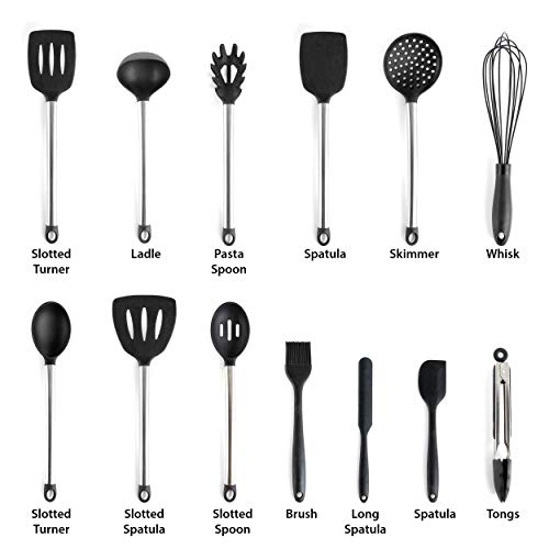 MegaChef 14-Piece Silicone and Stainless Steel Kitchen Utensil Set, Gray (13 Tools + Storage Canister)