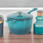 Crock-Pot Artisan 3-Quart Enameled Cast Iron Saucepan with Lid — Teal Ombre, Oven-Safe Heirloom Cookware for Sauces, Soups, Risotto & Braising