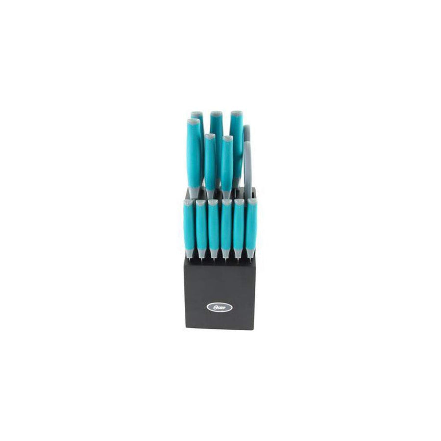 Oster Lindbergh 81007.14 14-Piece Stainless Steel Cutlery Set with Black Rubberwood Block and Built-In Sharpener, Teal Handles, 6 Steak Knives