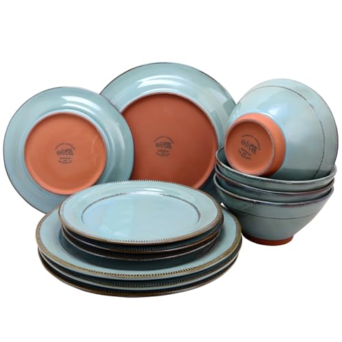 Gibson Elite Terranea Terracotta Dinnerware Set for 4, 12-Piece Reactive Glaze, Teal