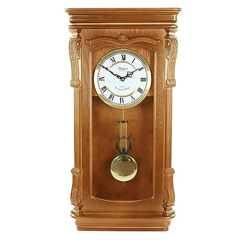 Bedford Clock Collection Golden Oak Chiming Pendulum Wall Clock – Quartz Westminster Chimes, Golden Accents with Swinging Pendulum & Roman Numeral Dial