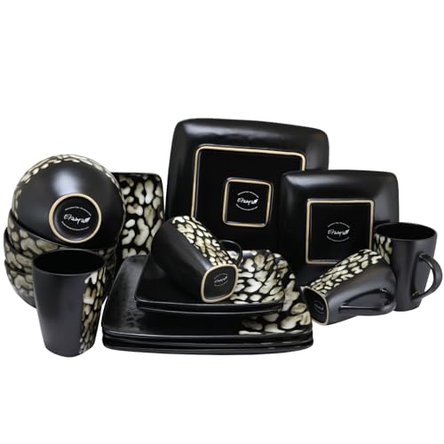 Elama Savannah 16-Piece Stoneware Dinnerware Set – Animal Print Service for 4