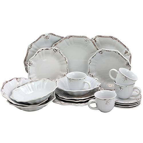 Elama Fleur De Lys 20-Piece Stoneware Dinnerware Set – White Distressed Glazed Service for 4