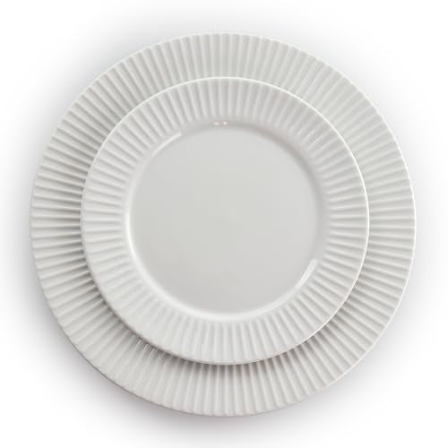 Elama Elle 18-Piece Porcelain Dinnerware Set with 2 Large Serving Bowls – White Textured Plates, Service for 4