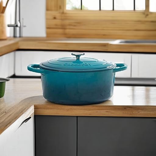 Crock-Pot Artisan 5-Quart Round Enameled Cast Iron Dutch Oven – Teal Ombre, Self-Basting Lid, Oven Safe to 500°F