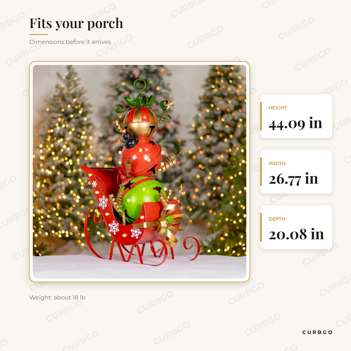 Jingle Bell Sleigh dimensions: 44.09 in H x 26.77 in W x 20.08 in D