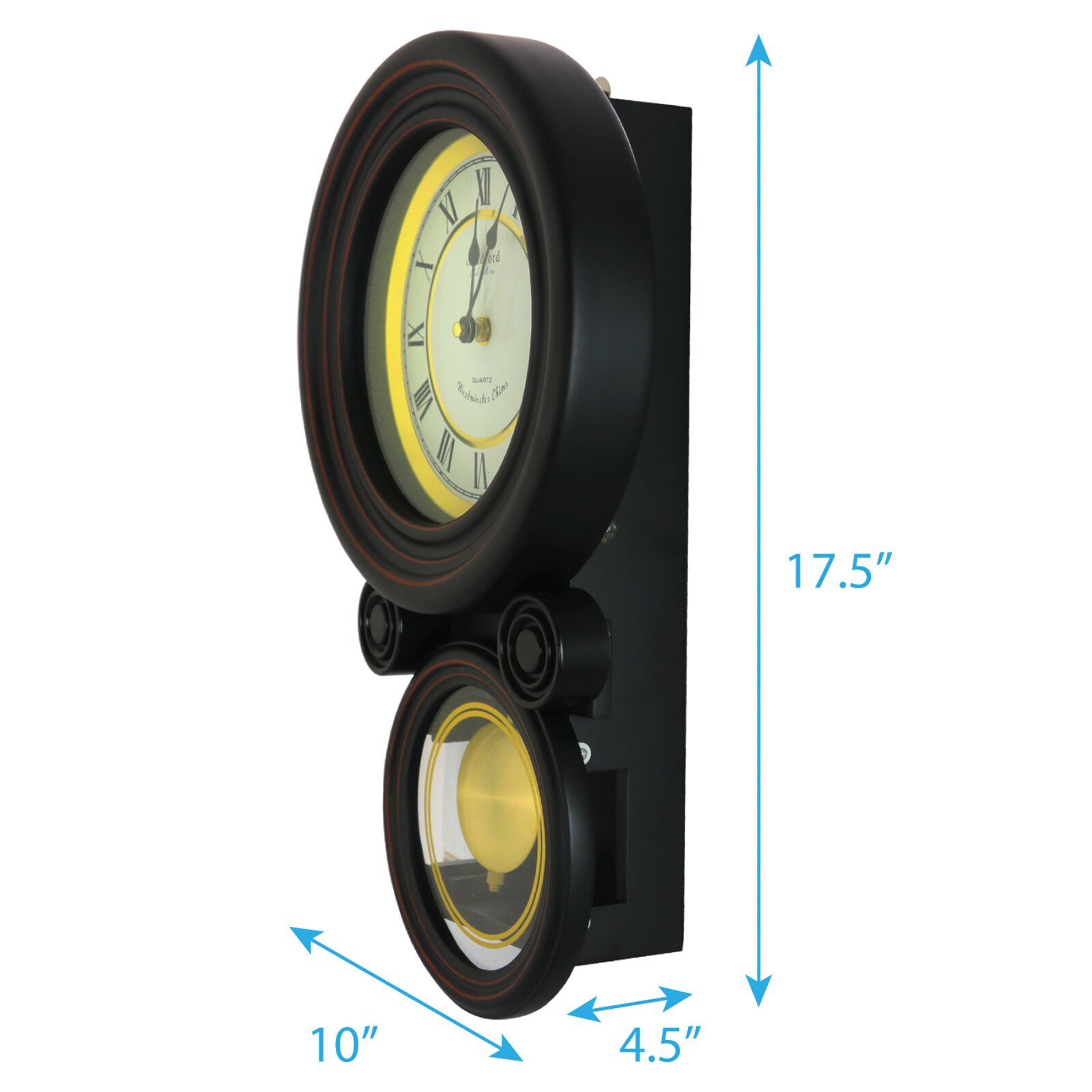Bedford Clock Collection Contemporary Round Wall Clock with Pendulum – Black Oak & Gold Roman Numeral