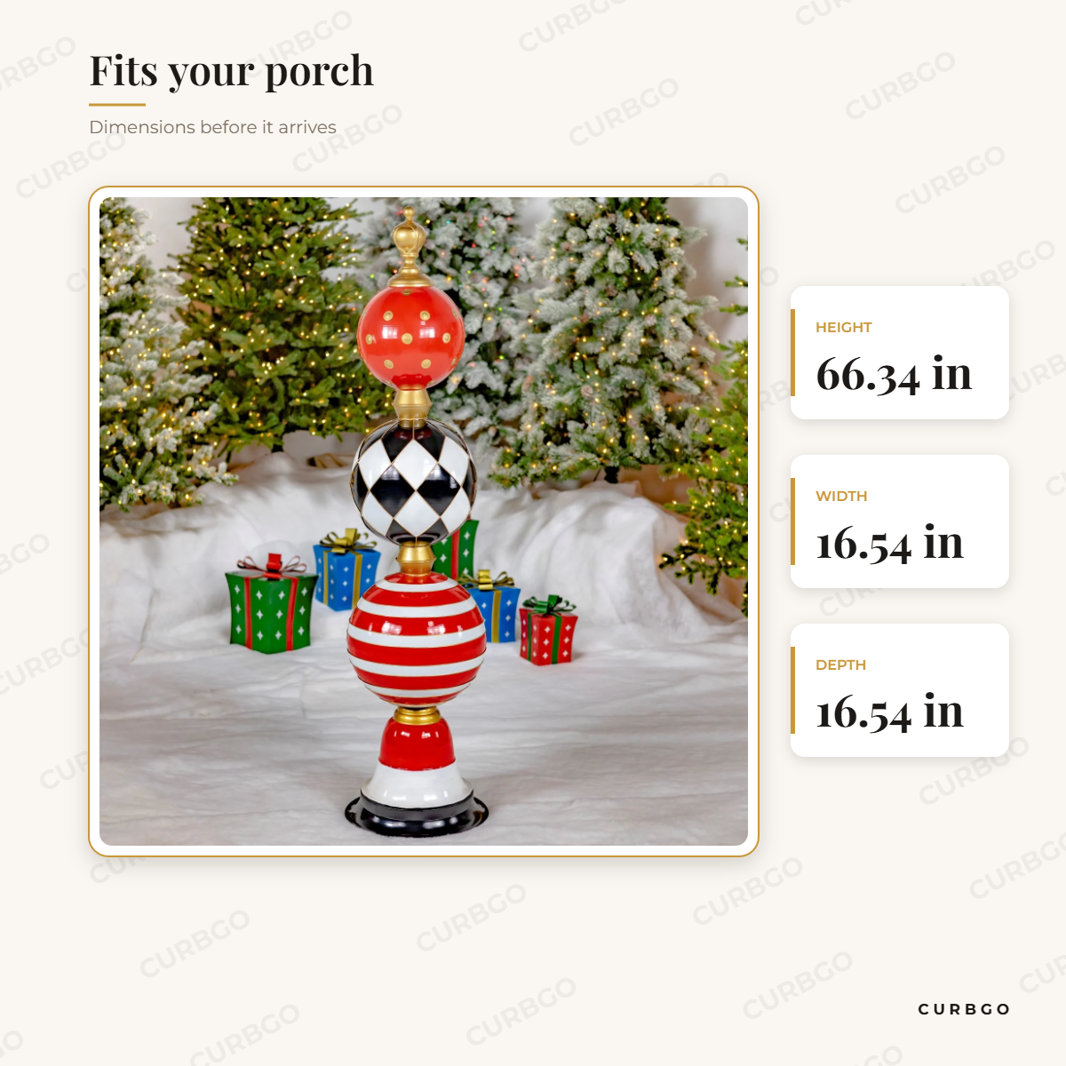 Ornament Display Tower dimensions: 66.34 in H x 16.54 in W x 16.54 in D