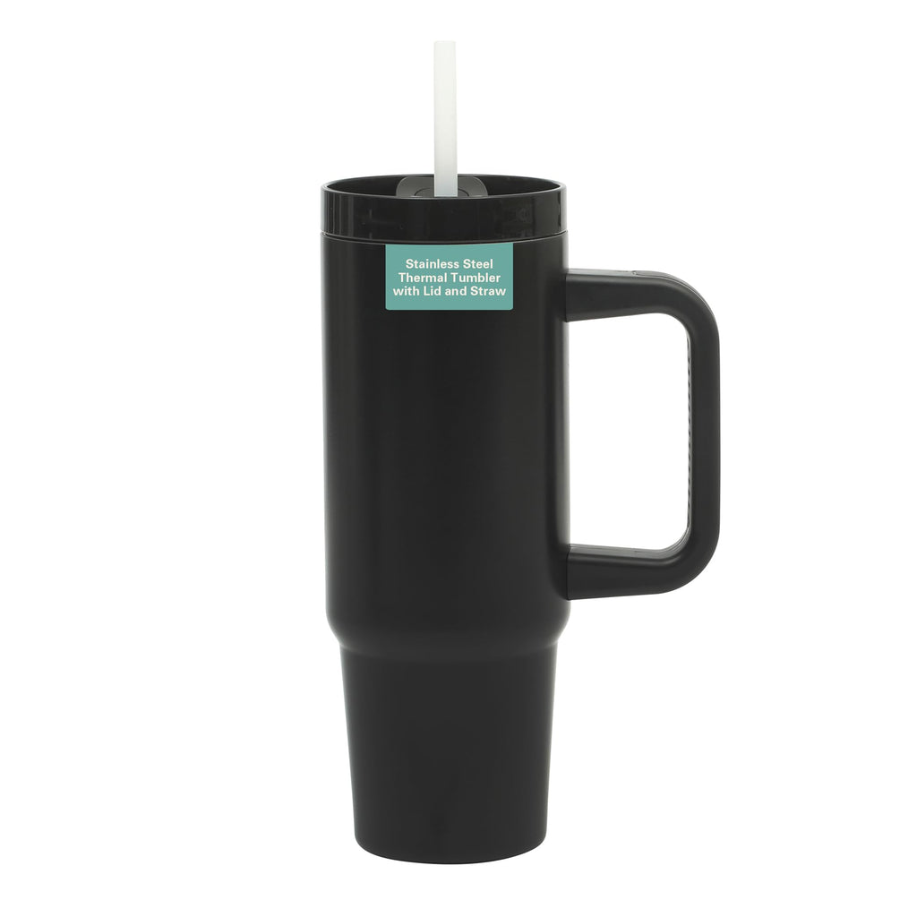 Gibson Home Marina 29 oz Stainless Steel Insulated Tumbler – Black with Side Handle & Straw, Keeps Cold 12 Hours
