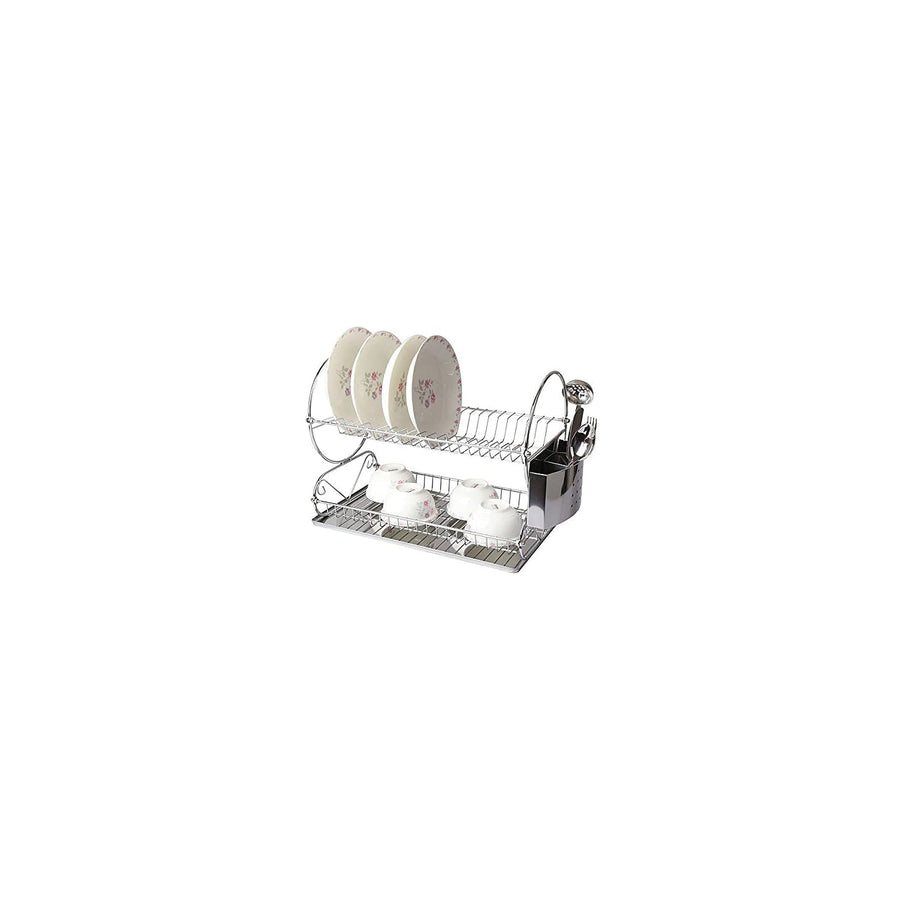 MegaChef Two Shelf Metal Dish Rack with Removable Plastic Draining Tray, 6 Cup Hangers and Utensil Holder