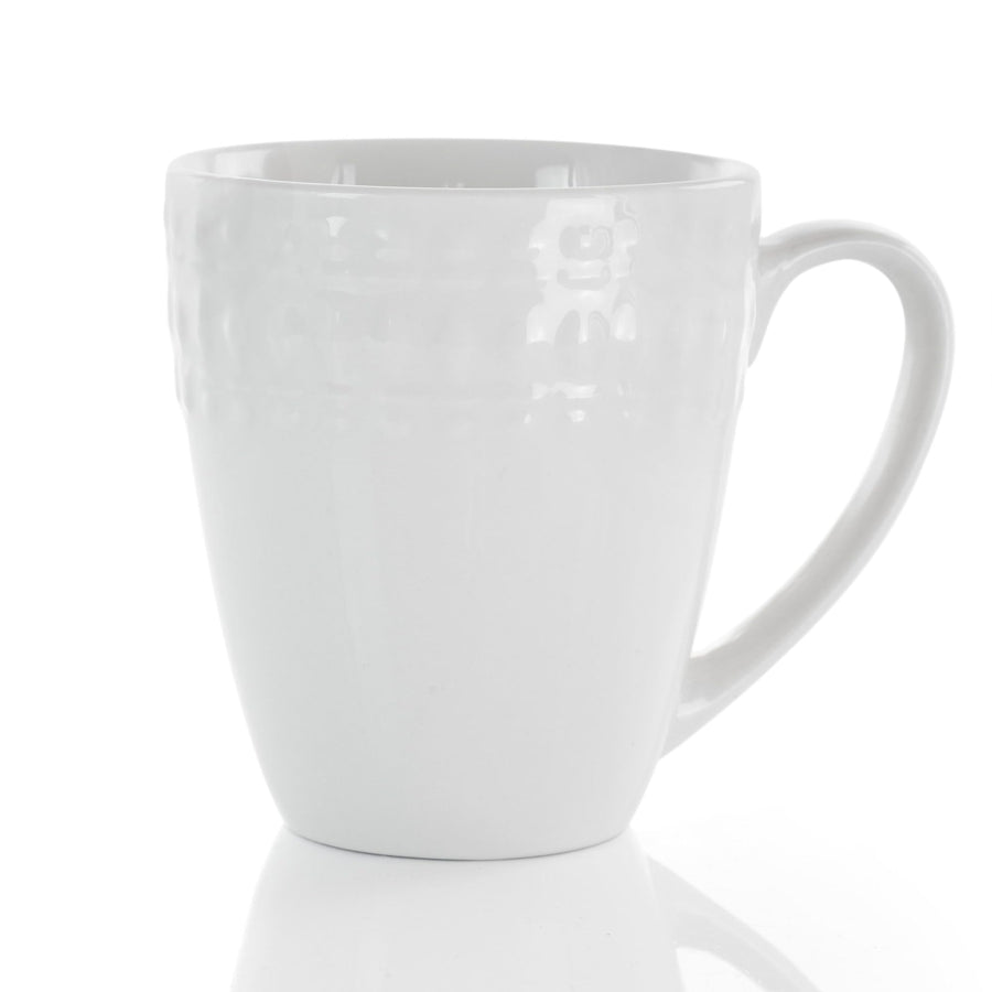 Elama Cara 6-Piece 10 oz Porcelain Cup Set, White, Dimpled Texture Band, Dishwasher and Microwave Safe