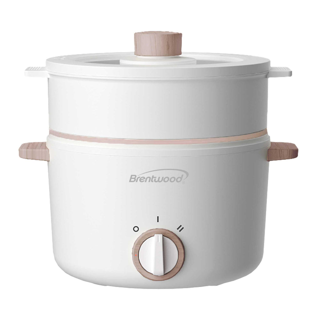 Brentwood HPS-3302W white 3-liter ceramic non-stick electric hot pot cooker with stainless steamer tray