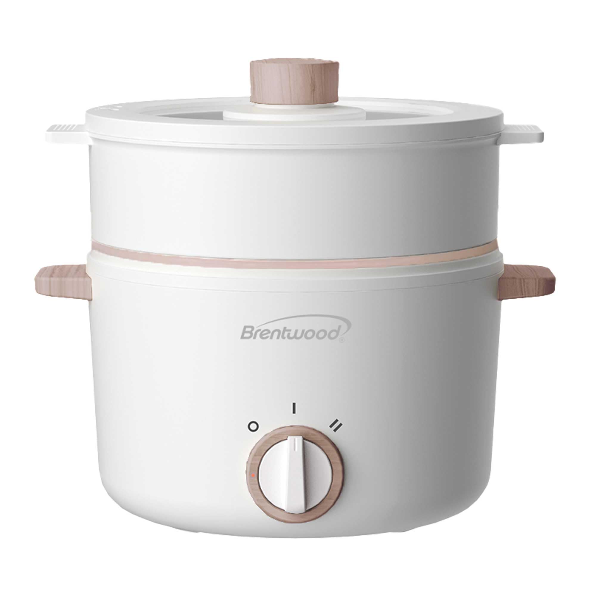 Brentwood HPS-3302W white 3-liter ceramic non-stick electric hot pot cooker with stainless steamer tray