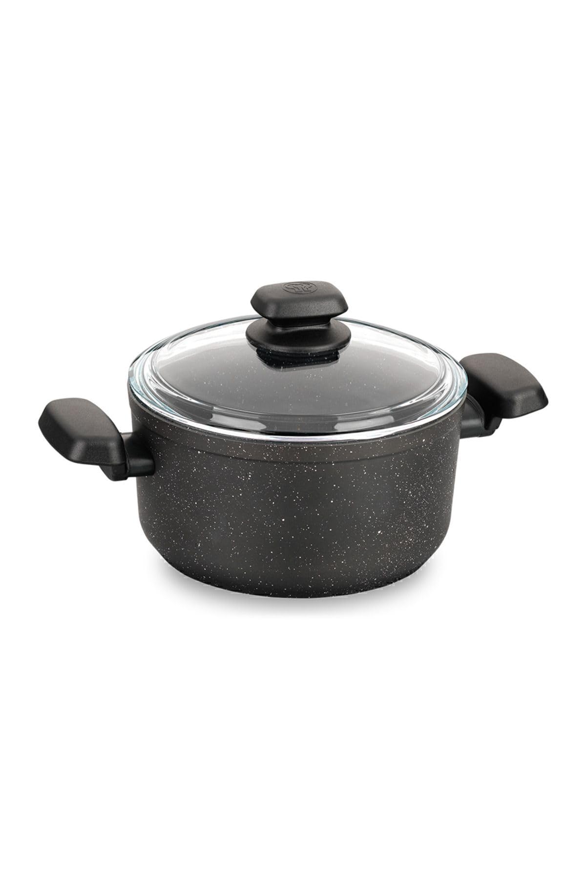 Korkmaz Ornella 5-Quart Aluminum Sauce Pan with Glass Lid – Solar Base Hard-Anodized Non-Stick Casserole / Sauce Pot (Black A2675)