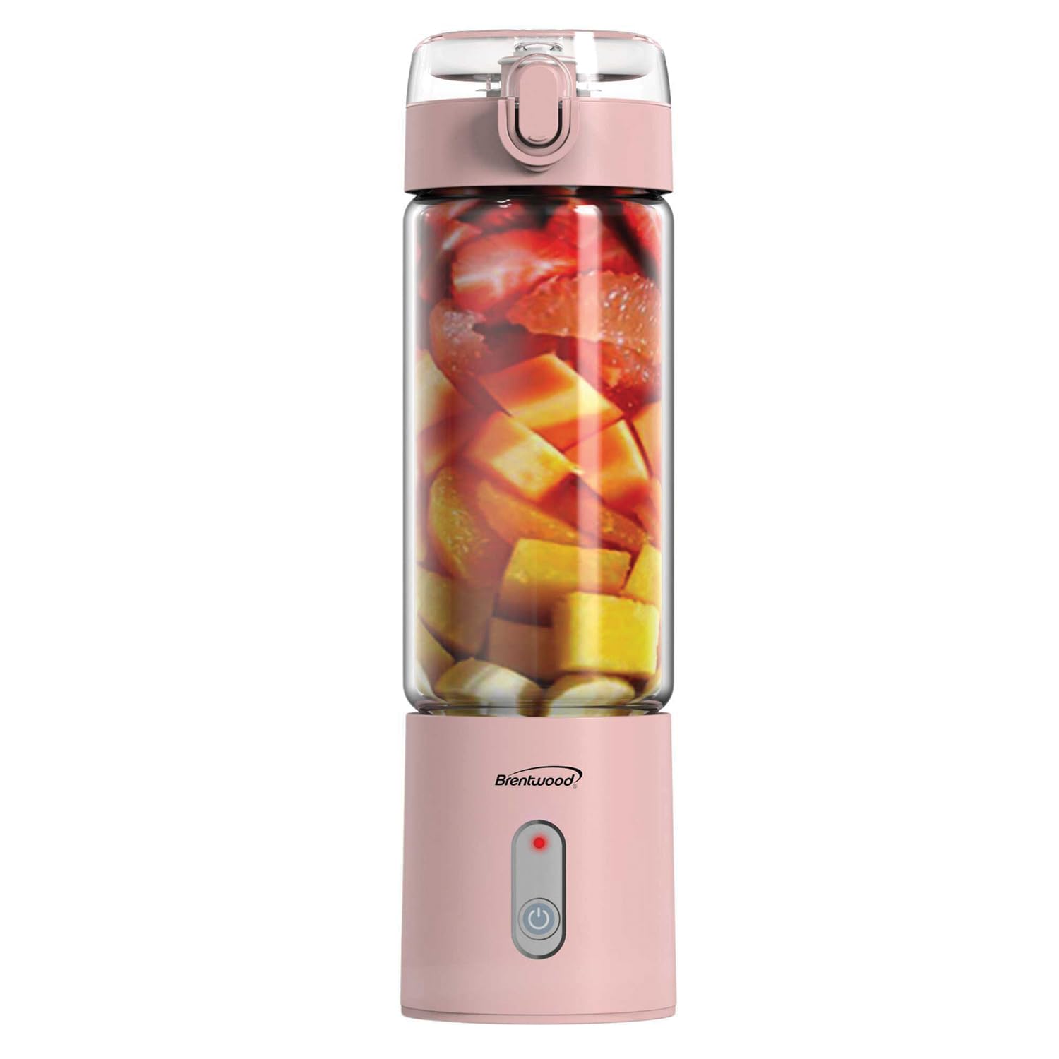 Brentwood RJB-100PK 17 oz portable USB-rechargeable glass blender in pink with sipping sports lid