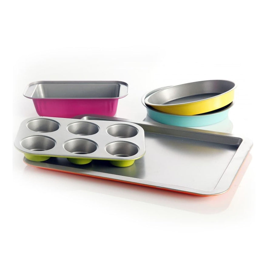 Gibson Home Color Splash Lyneham 5-piece carbon steel nonstick bakeware set with cookie sheet, loaf pan, two round cake pans and muffin pan in assorted colors
