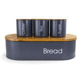 MegaChef gray metal bread box with bamboo lid and three canisters labeled coffee, tea and sugar