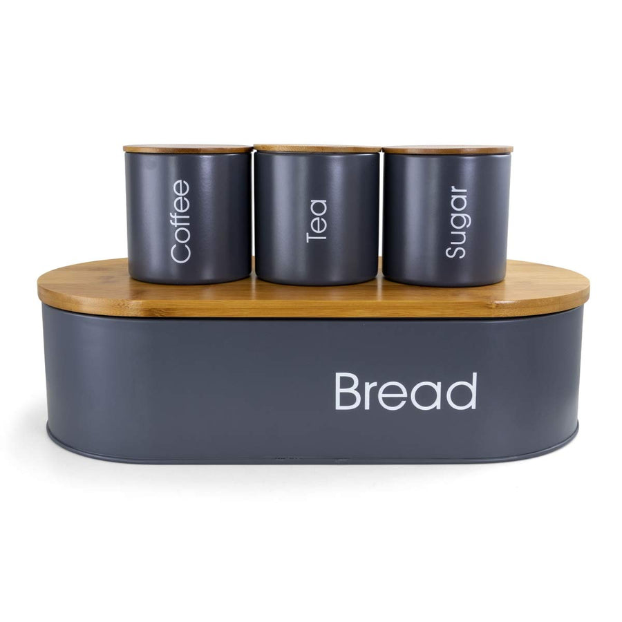 MegaChef gray metal bread box with bamboo lid and three canisters labeled coffee, tea and sugar