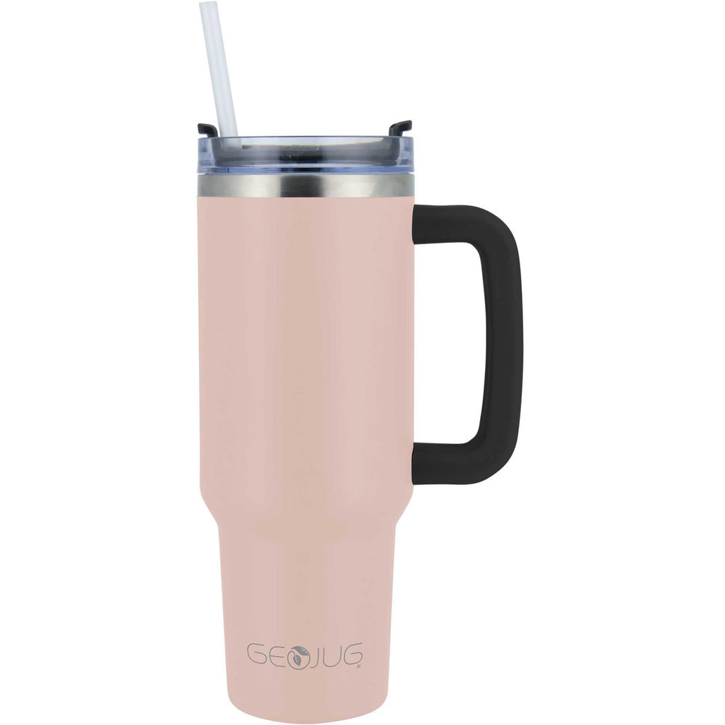 Brentwood GeoJug 40 oz pink stainless steel insulated tumbler with handle, lid and straw