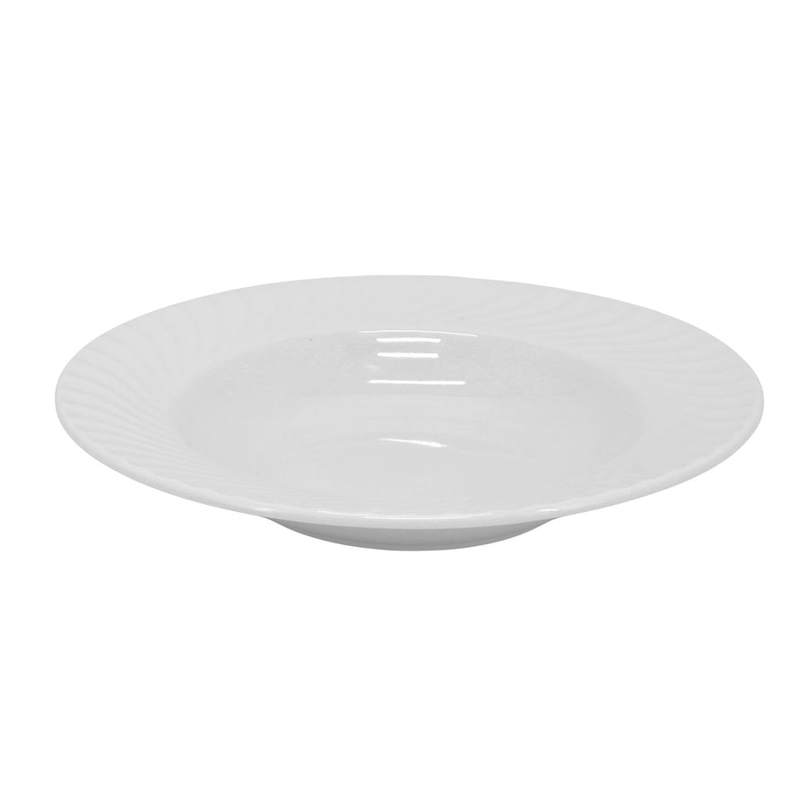 Elama Julia 8.75 inch white porcelain rimmed bowl, side view of the wide wave pattern rim
