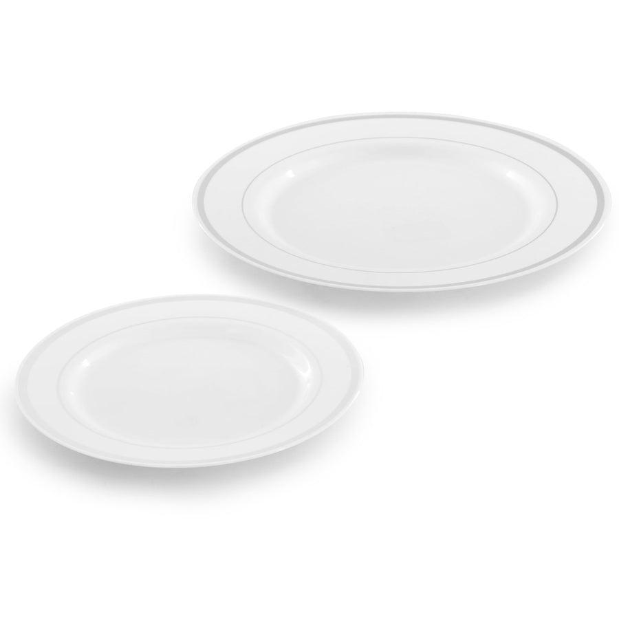 Elama 150-Piece Disposable Plastic Dinnerware Party Set for 25 Guests, Plates, Cups and Cutlery, White with Silver Trim