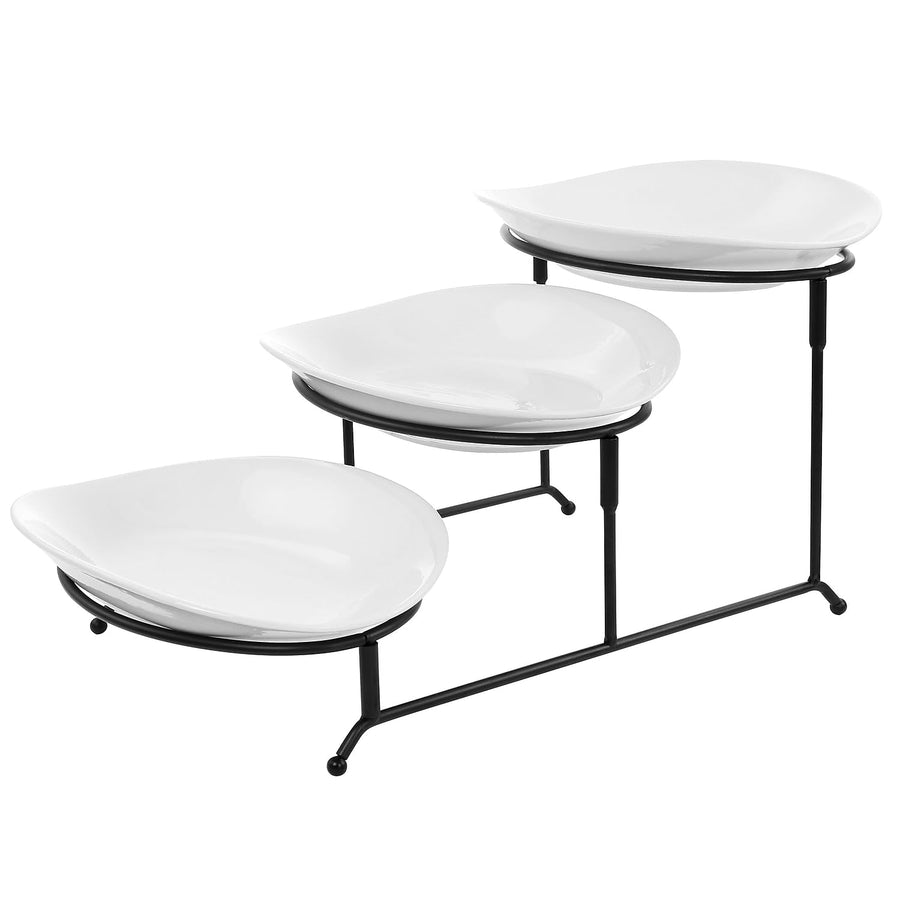 Elama 3-Tier Oval Plate Porcelain Serveware Set with Metal Stand