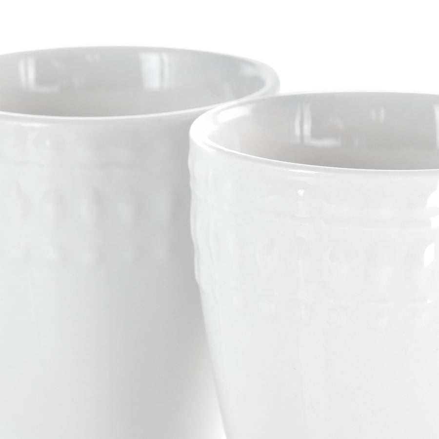 Elama Cara 6-Piece 10 oz Porcelain Cup Set, White, Dimpled Texture Band, Dishwasher and Microwave Safe