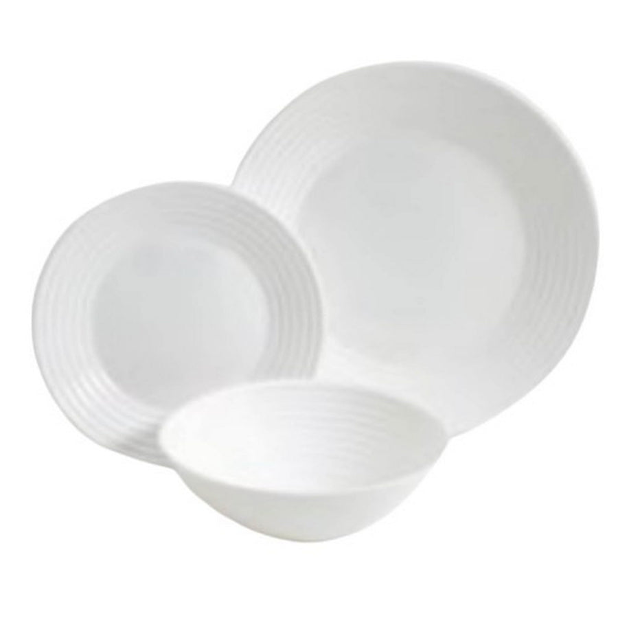 Gibson Home Ultra Patio 12-piece white opal glass dinnerware set, service for 4, dinner plate, dessert plate and bowl with embossed band