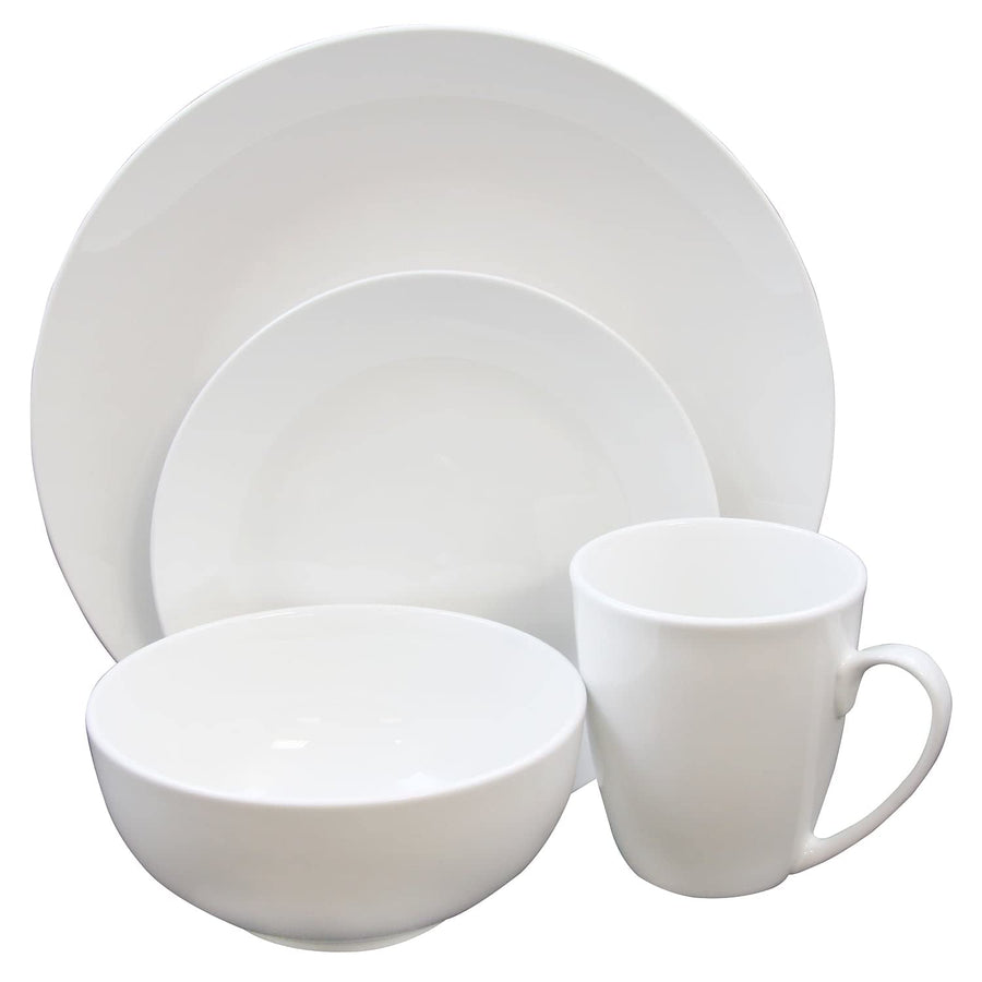 Gibson Home Ogalla 16-piece white porcelain coupe dinnerware set with dinner plates, salad plates, bowls and mugs