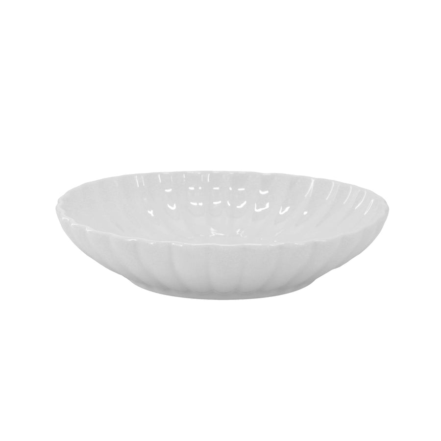 Elama Jane white porcelain soup bowl, side view of the shallow scalloped bowl with fluted exterior