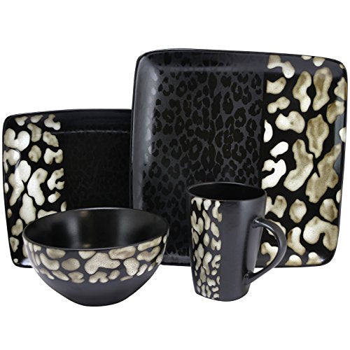 Elama Savannah 16-Piece Stoneware Dinnerware Set – Animal Print Service for 4