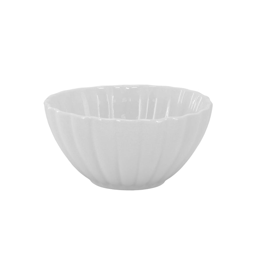 Elama Jane white porcelain cereal bowl, side view of the fluted sides and scalloped rim