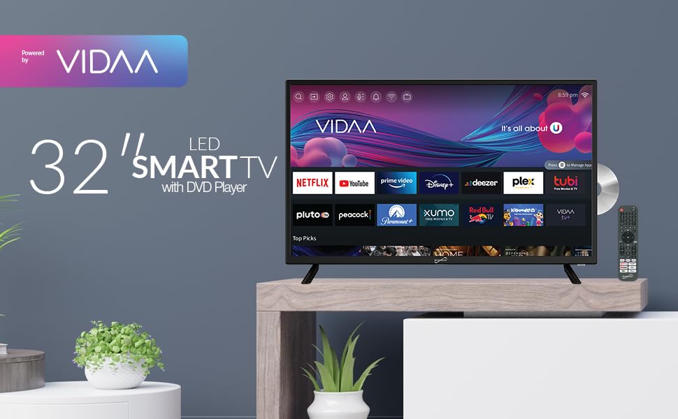 SuperSonic SC-3226SDVD 32-Inch LED Smart HDTV with Built-In DVD Player - VIDAA Smart TV, 3 HDMI, ATSC Tuner, 12V DC Compatible