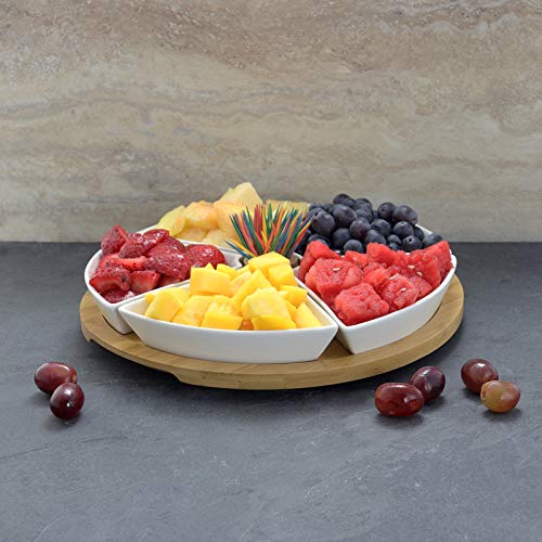 Elama Signature 7 Piece Appetizer Serving Set with 5 Stoneware Serving Dishes, Center Toothpick Holder and Bamboo Serving Tray, White and Natural