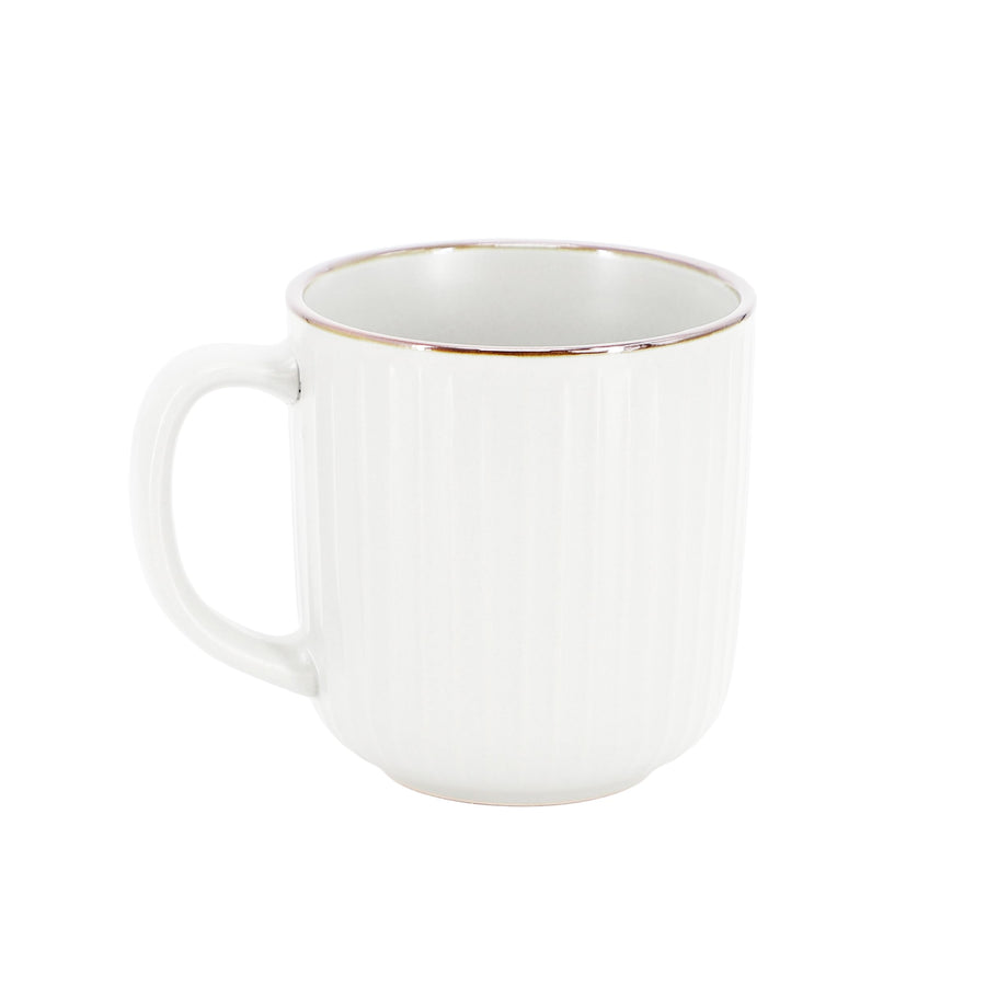 Elama Leo 12 oz white stoneware mug with handle, matte vertical lined texture and bronze-tone rim