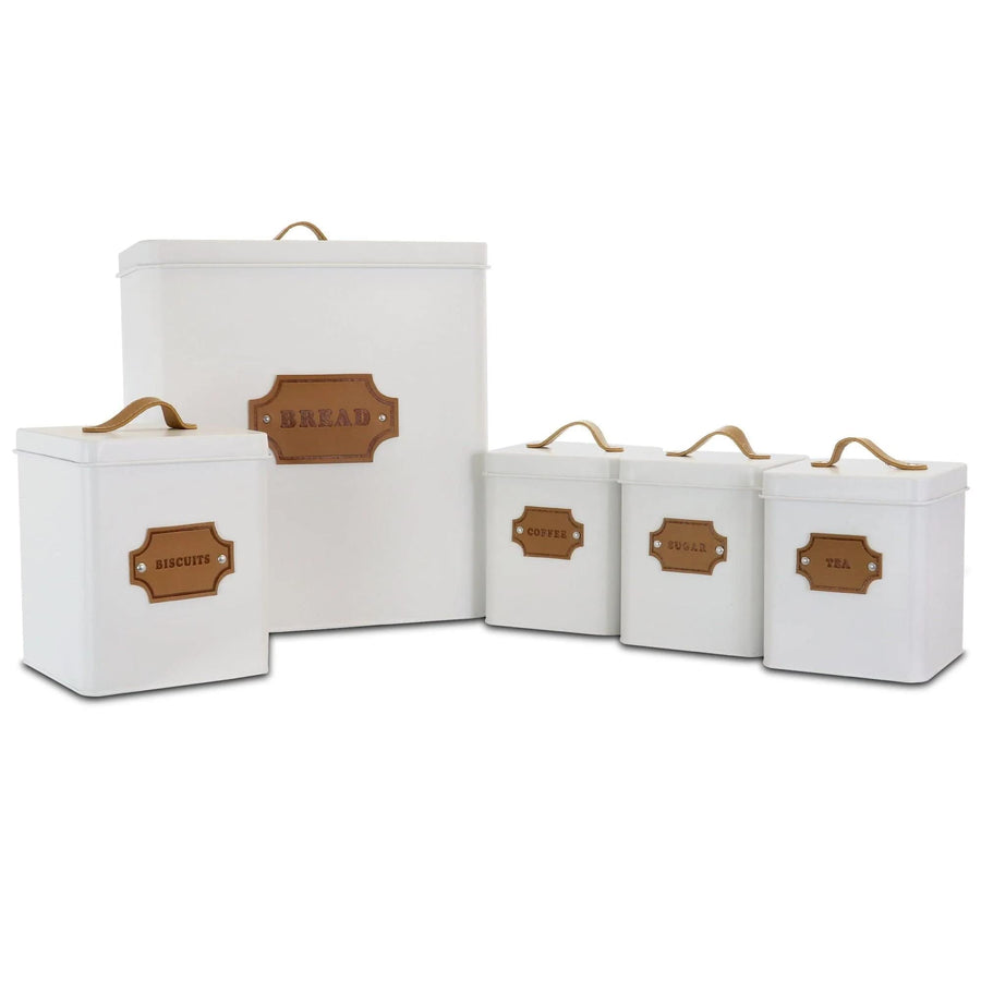 MegaChef MG-415 5-Piece Kitchen Canister Set with Bread Box, Matte White, Metal, Pull-Handle Lids, Labeled Badges