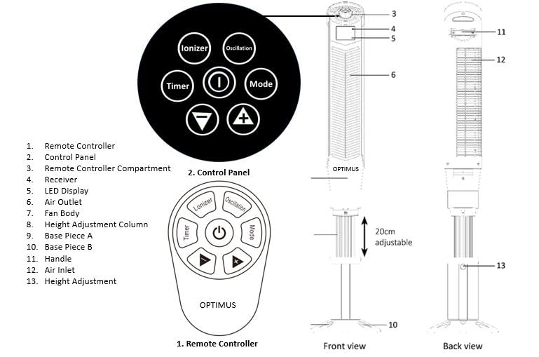 Optimus F-7588 59 Inch Oscillating Pedestal Tower Fan with Remote, LED Display & Ionizer, 8-Speed, Black
