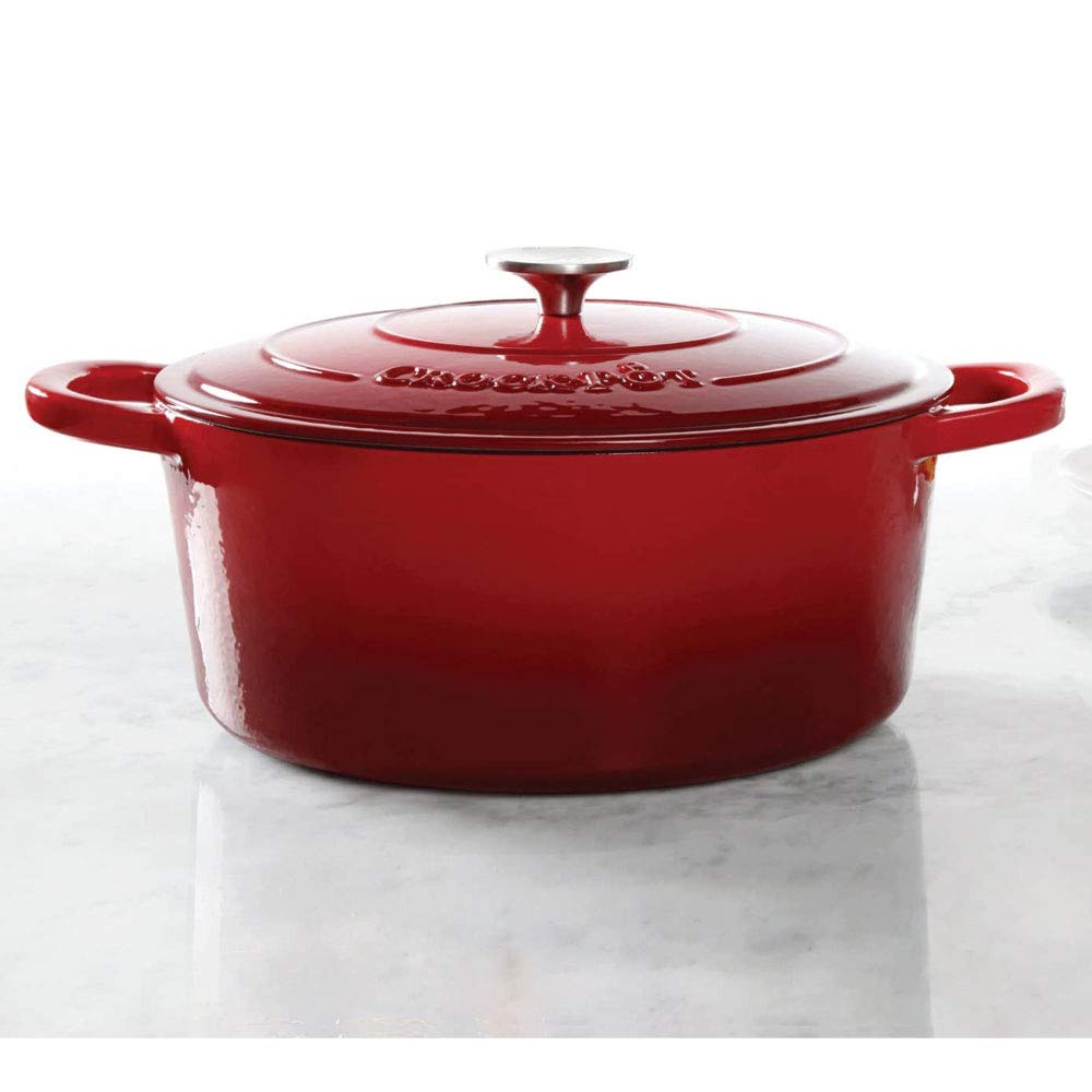 Crock-Pot Artisan 7-Quart Oval Enameled Cast Iron Dutch Oven – Scarlet Red, Self-Basting Lid, Oven Safe to 500°F