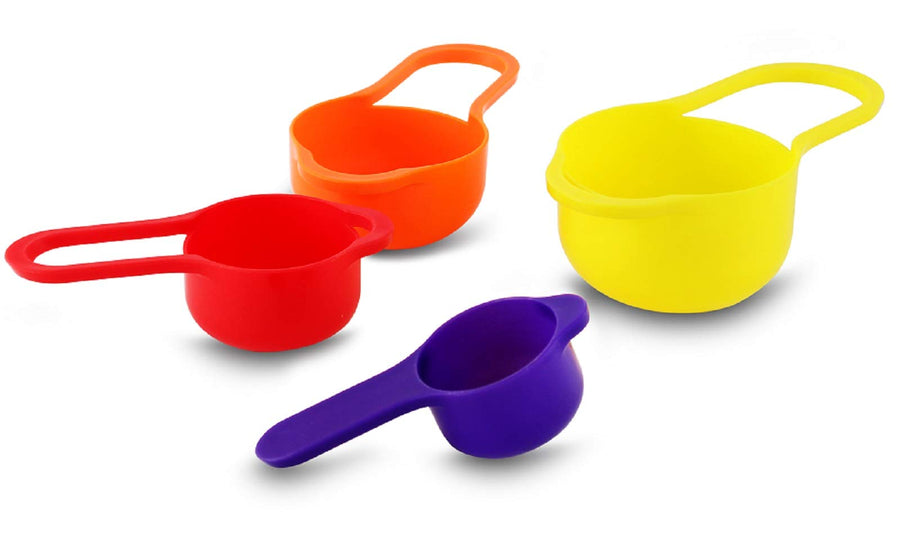 Four colorful plastic measuring cups from the MegaChef nesting set