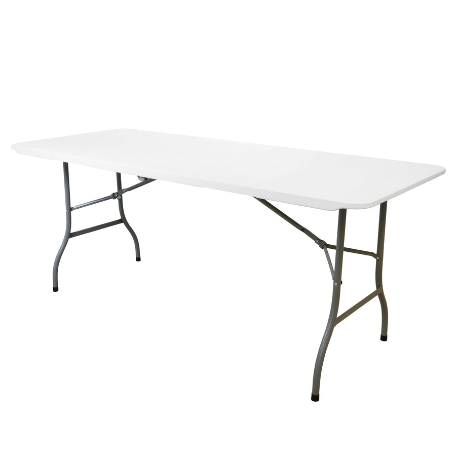 6 Ft Plastic Folding Table, White with Steel Legs and Carry Handle, by Elama